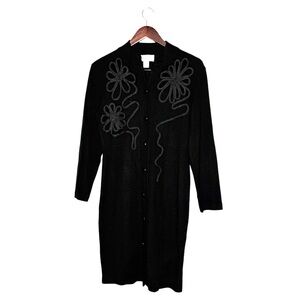 Petite Sophisticate‎ Black Long Button-Front Cardigan, Embroidered Floral Size S